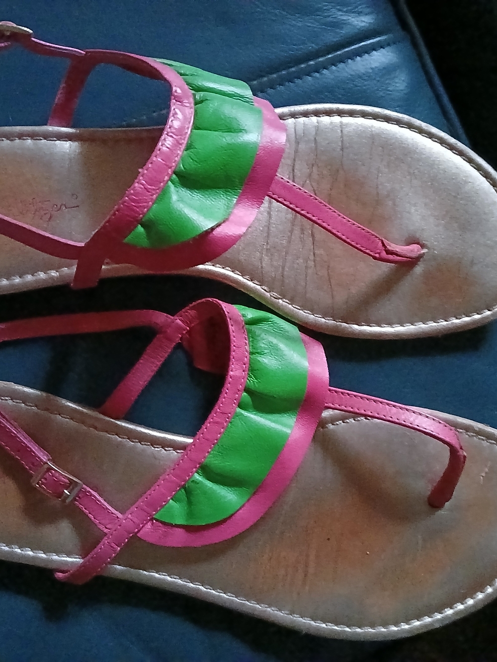 Lilly Pulitzer Pink and Green Ruffle Thong Sandals with leather soles.